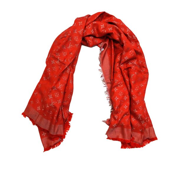 LOUIS VUITTON LV Vintage Red & Silver Metallic Silk Wool Scarf Shawl Wrap - Picture 1 of 10